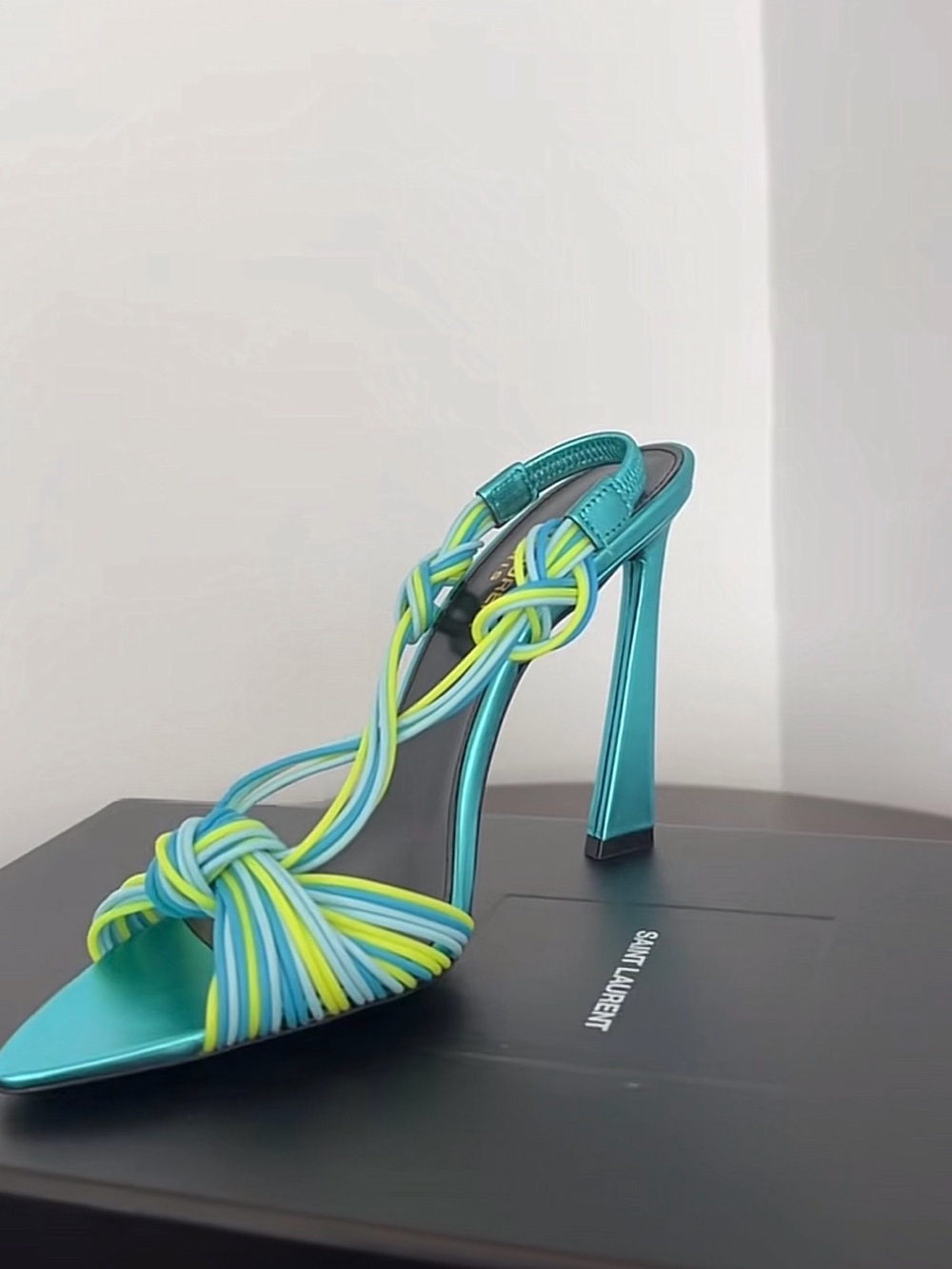 Yves Saint Laurent Teal High Heel Sandal with Blue and Lime Braided Straps